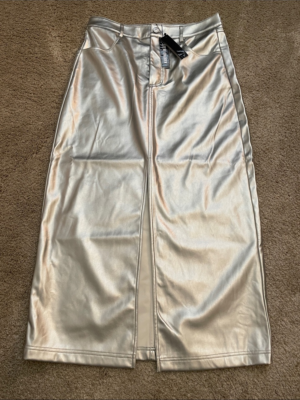 Steve Madden Silver Metallic Faux Leather Midi Skirt with Front Split